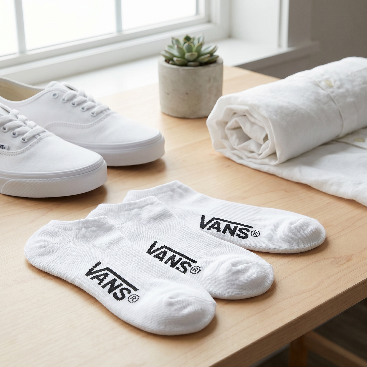 Generated lifestyle image for VANS APPAREL AND ACCESSORIES | CLASSIC SUPER NO SHOW SOCKS 3 PACK WHITE